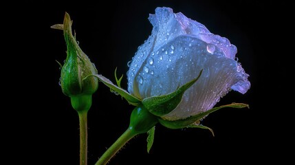 Pale rose blossom and tight bud covered in glistening water droplets against deep black