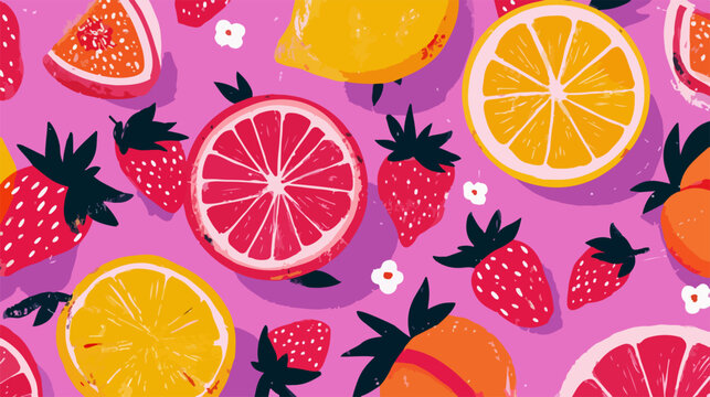 Patr&oacute;n vibrante de frutas c&iacute;tricas y fresas sobre fondo rosa con flores blancas peque&ntilde;as.