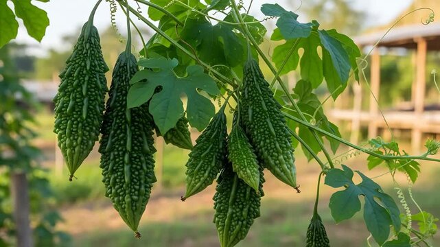 Dynamic bitter melon vines create a lush, vibrant, and healthy green backdrop for natural remedies and organic food promotions