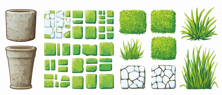 Conjunto de elementos vectoriales para jardinería y paisajismo, incluyendo macetas, piedras y vegetación.