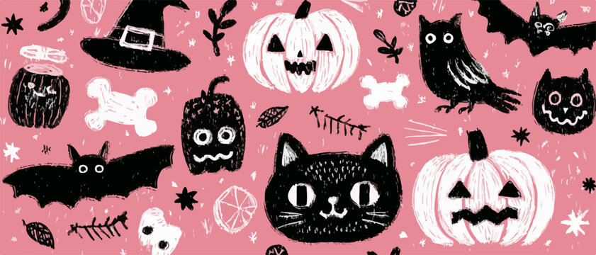 Dise&ntilde;o vectorial sin costuras para Halloween, presentando una colecci&oacute;n festiva de calabazas, gatos negros, murci&eacute;lagos y sombreros de bruja en un fondo rosa.