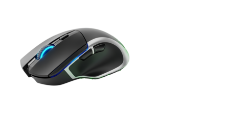 A modern ergonomic computer mouse with blue and green led lighting, isolated on transparent background, perfect for gaming or professional use, showcasing advanced technology and sleek design