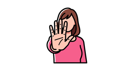 Woman Gesturing Stop with Hand in Defense - Upset Female Showing Denial and Rejection in Studio Setting - Protection Against Harassment, Abuse, Domestic Violence, Discrimination - Illustration for Pre
