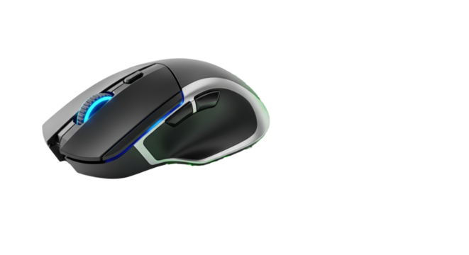 A modern ergonomic computer mouse with blue and green led lighting, isolated on transparent background, perfect for gaming or professional use, showcasing advanced technology and sleek design