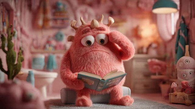 A fluffy pink monster with horns and sad eyes reads a book in a pink bathroom