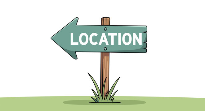 Hand-Drawn Location Sign on Green Grass - Guiding to Directions in a Nature Setting, Ideal for Navigation and Wayfinding in Environmental or Travel Projects, Graphic Resource with Cartoon Style, Simpl