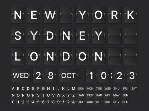 Airport Split-Flap Display Board Alphabet Font &ndash; Black Flip-Board Digital Time Table Panel with Monday&ndash;Sunday Letters, Numbers, and Symbols Vector Illustration