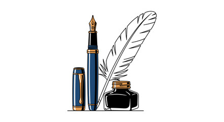 Elegant Fountain Pen Writing with Ink Well and Feather Quill on White Backdrop for Vintage Styled Documents, Traditional Calligraphy, Authoring Manuscripts & Literary Designs, Emphasizing Expertise, C