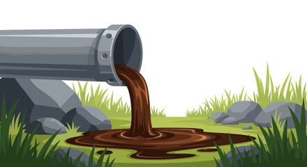 Industrial Pollution Flowing from Pipe into Green Environment, Showing Environmental Damage,  Ecological Concerns, Ecosystem Toxicity and Industrial Waste Impact for Presentations, Reports, Websites,