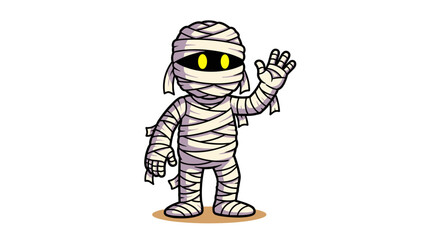 Cartoon Mummy Waving Hello for Halloween Celebration, An Ancient Egyptian Undead Character in Animated Style for Greeting Card Design, Halloween Invitation Template, or Kids Party Decoration, Vector I