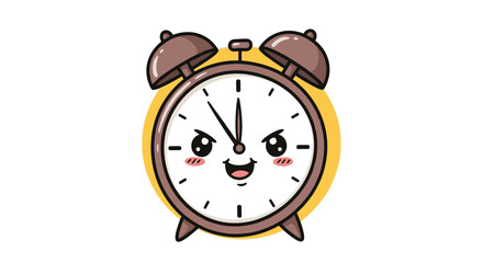 Cartoon Alarm Clock Character Smiling at Noon: Cute Kawaii Mascot for Kids Education, Time Management, Reminders, and Animated Designs, Perfect for Illustrations, Presentations, and Motivational Conte
