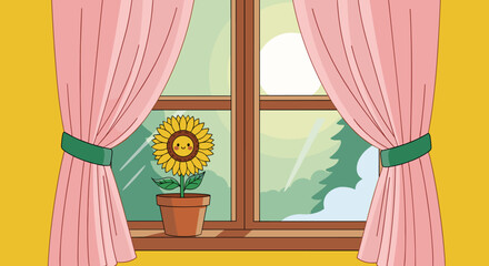 Cheerful Sunflower in Window with Pink Curtains Casting Gentle Sunlight, Symbolizing Optimism & Growth, Perfect for Home Decor Presentation or Educational Materials, Bright & Colorful Illustration Sty