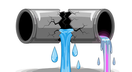Leaking Pipe Illustration with Cracked Concrete Showing Blue and Purple Water Streams Indicating Damage and Repair Needs, Ideal for Plumbing, Construction, or Environmental Concepts in Modern Web Desi