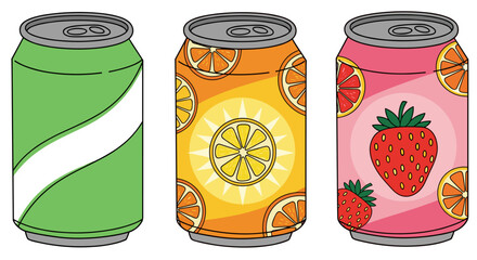 Three Fruit Soda Cans Arranged Side-by-Side Ready for Refreshment, Representing Diverse Flavors and Beverage Options for Summer Advertising, Marketing, or  Presentations, a Colorful and Modern Illustr