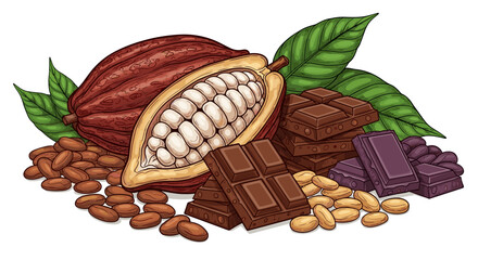 Artistic Chocolate Arrangement with Cacao Pod and Beans, Stacked Dark and Milk Chocolate Squares with Green Leaves Illustration for Confectionery Designs and Sweet Food Presentations (Hand-Drawn Style