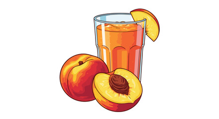 Refreshing Peach Juice Illustration with Fresh Fruit: A Vibrant and Healthy Summer Beverage for Wellness Promotion, Culinary Arts, and Nutrition Education, Ideal for Restaurant Menus, Recipe Books, an