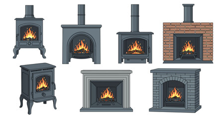 Cozy Fireplaces Ignited: A Collection of Cartoon Fireplaces Burning Brightly in Various Designs, Providing Warmth for Home Heating, Interior Design Projects, & Architectural Renderings, Offering a Tra