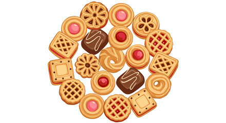 Assorted Cookies Arrangement on White Background: A delightful collection of jam-filled and chocolate-covered biscuits arranged artfully, perfect for food illustrations, bakery menus, confectionery ad