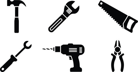Collection of black silhouette hand tools including hammer saw wrench drill and pliers