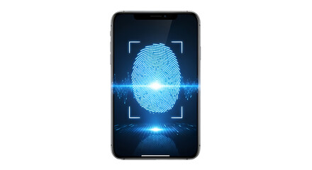 Digital fingerprint scanner on a smartphone screen, representing biometric security and identity verification technology, isolated on transparent background
