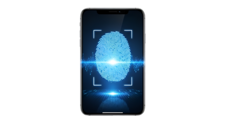 Digital fingerprint scanner on a smartphone screen, representing biometric security and identity verification technology, isolated on transparent background