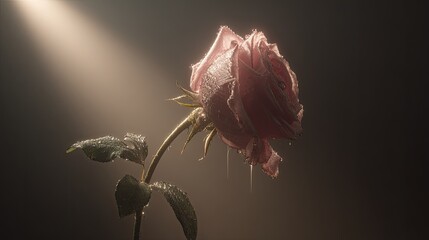 Single wilting pink blossom covered in moisture is dramatically illuminated against a dark background