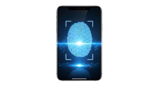 Digital fingerprint scanner on a smartphone screen, representing biometric security and identity verification technology, isolated on transparent background