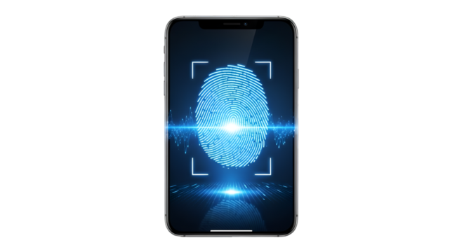 Digital fingerprint scanner on a smartphone screen, representing biometric security and identity verification technology, isolated on transparent background