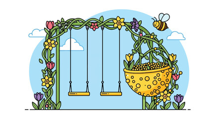 Blooming Vines Arched Swing Set Playground Cartoon Art