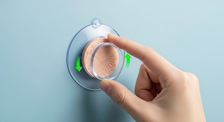 A hand rotating a suction cup with a textured circular object attached to it