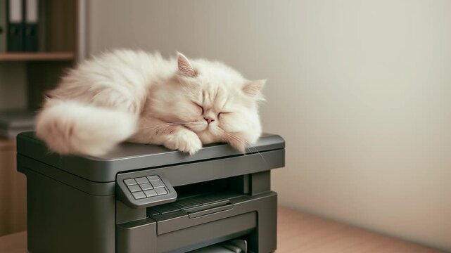 Fluffy cat sleeping on printer in home office environment