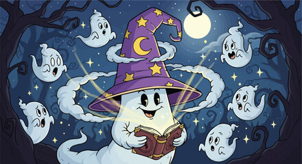 Cartoon Ghost Sorcerer Reads Glowing Spellbook at Night