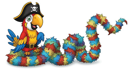 Cartoon Macaw Pirate with Shaggy Multicolored Worm Body