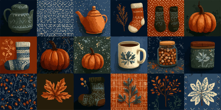 Un conjunto de ilustraciones vectoriales que celebran la temporada de oto&ntilde;o, con calabazas, hojas, tazas y calcetines acogedores.