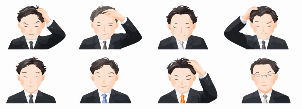 Ilustraci&oacute;n vectorial de un hombre de negocios asi&aacute;tico preocupado, con diferentes expresiones faciales y gestos de la mano, sobre un fondo blanco.