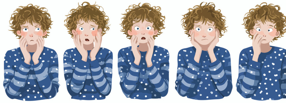 Ilustraci&oacute;n vectorial de un ni&ntilde;o con diferentes expresiones de sorpresa y asombro, mostrando diversas emociones.