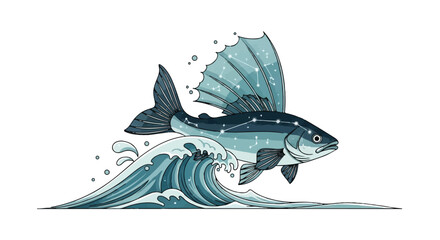 Celestial Flying Fish Leaping Over Great Ocean Wave Art