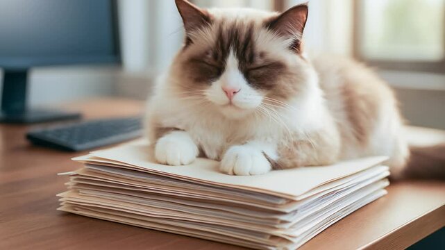 Ragdoll cat sleeping on stack of papers on wooden desk in home office
