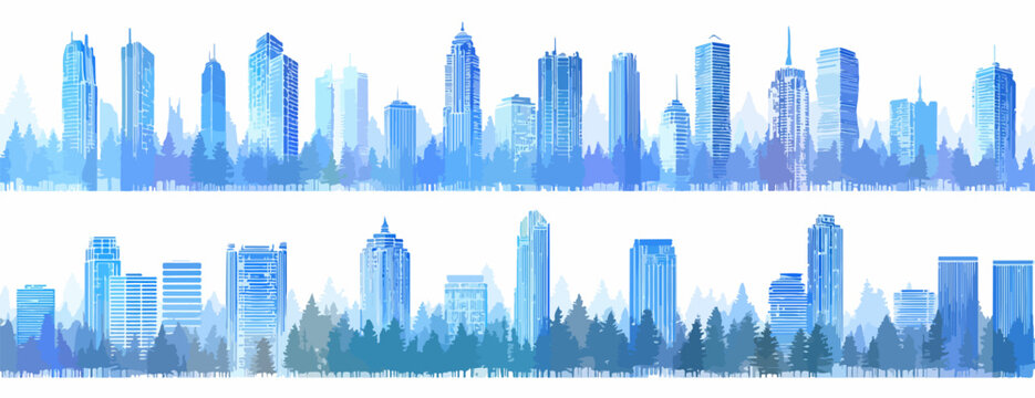 Ilustraci&oacute;n vectorial de un horizonte urbano estilizado en tonos azules y blancos, ideal para dise&ntilde;os creativos y proyectos visuales.