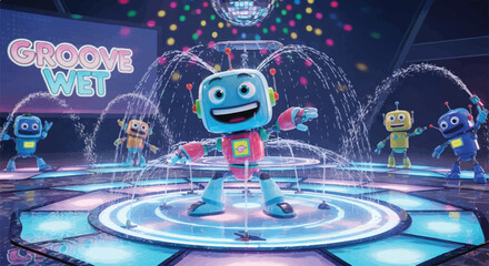 Colorful Robot Dance Party Wet Stage Disco Splash