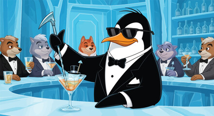 Cool Penguin Mixologist Serves Classy Animal Guests