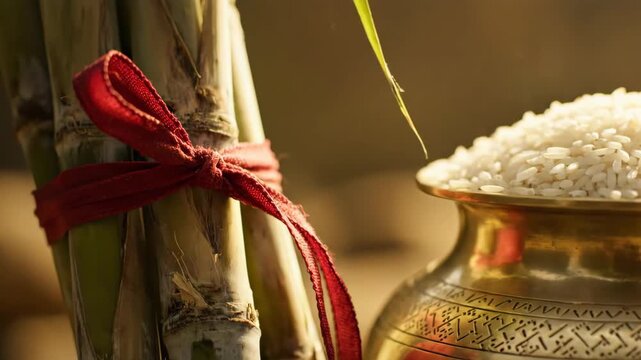 Harvest Celebration Sugarcane, Rice Pot, and Red Ribbon Symbolizing Prosperity for Makar Sankranti, Pongal, and Uttarayan Festivals