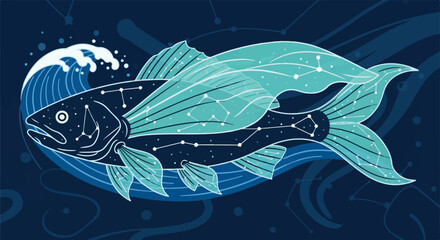 Cosmic Starry Fish Deep Blue Ocean Wave Art