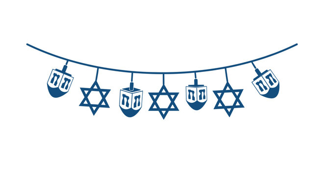 Hanukkah decorations with blue dreidels and stars on white background  