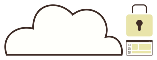 Cloud graphic connected to a secure lock and data interface highlights online safety, encryption, access control, and data privacy. Ideal for cybersecurity, storage, and digital platforms. Simple