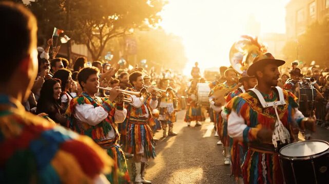 Street Parade with Marching Band and Cheering Crowd in Sunlight