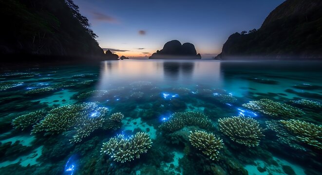 Bioluminescent Plankton Sparkle in Turquoise Waters at Dusk, El Nido, Philippines.