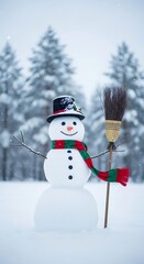 Whimsical Winter Wonderland Snowman: A Festive Scene with Broom and Forest Backdrop, Snowfall, Holiday, Festive, Cheerful, Cold Season, Outdoors in Serene Ambiance