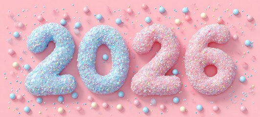 2026 Candies Pink Background Sweet New Year.