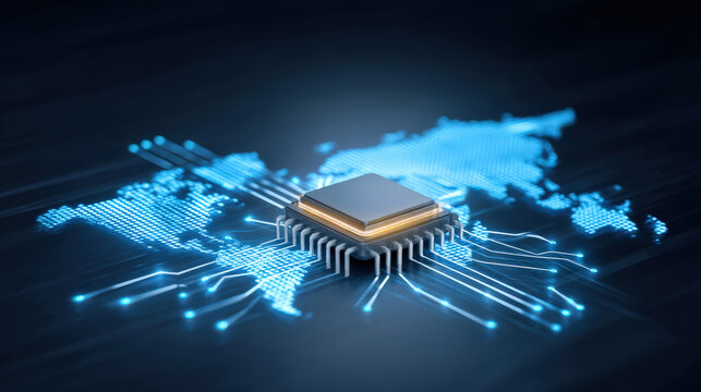 Glowing AI microchip on digital world map connecting global network with futuristic circuitry and blue light ambiance - Powered by Adobe